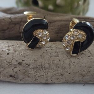 Avon Black Enamel and Gold-Tone Rhinestone Clip-On Earrings